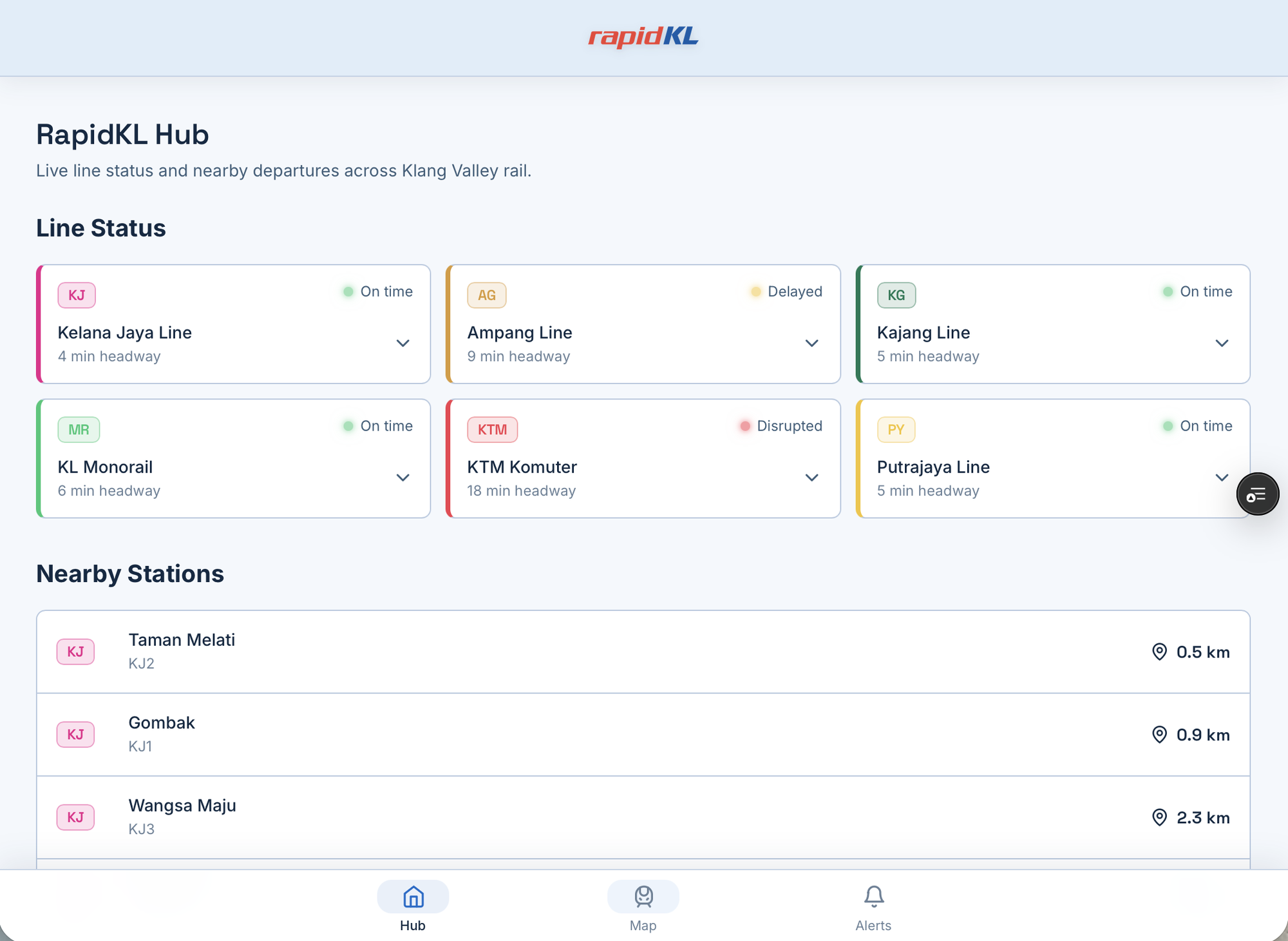 RapidKL Companion hub showing Klang Valley rail line statuses